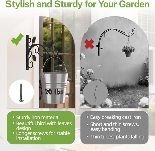 iDavosic.ly Heavy Duty Plant Hangers - 12 Inch Iron Wall Brackets for Outdoor & Indoor Use | Black 2-Pack