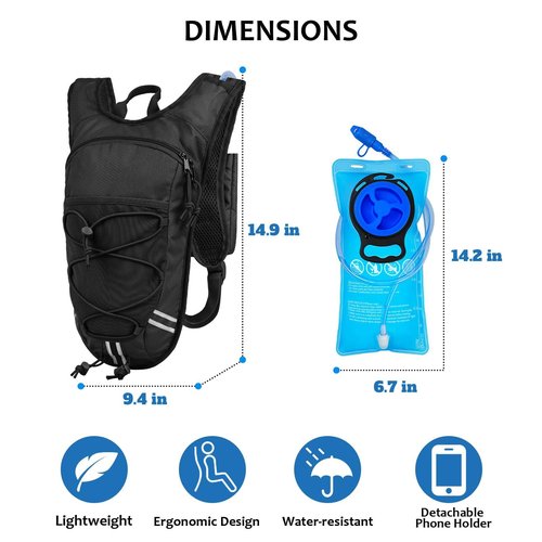 DEVONWIDE Lightweight Hydration Backpack 2L Water Bladder Pack - Black | Water Backpack for Running, Cycling, Hiking | Anti-Theft, Reflective, with Phone Holder & Trekking Pole Loops