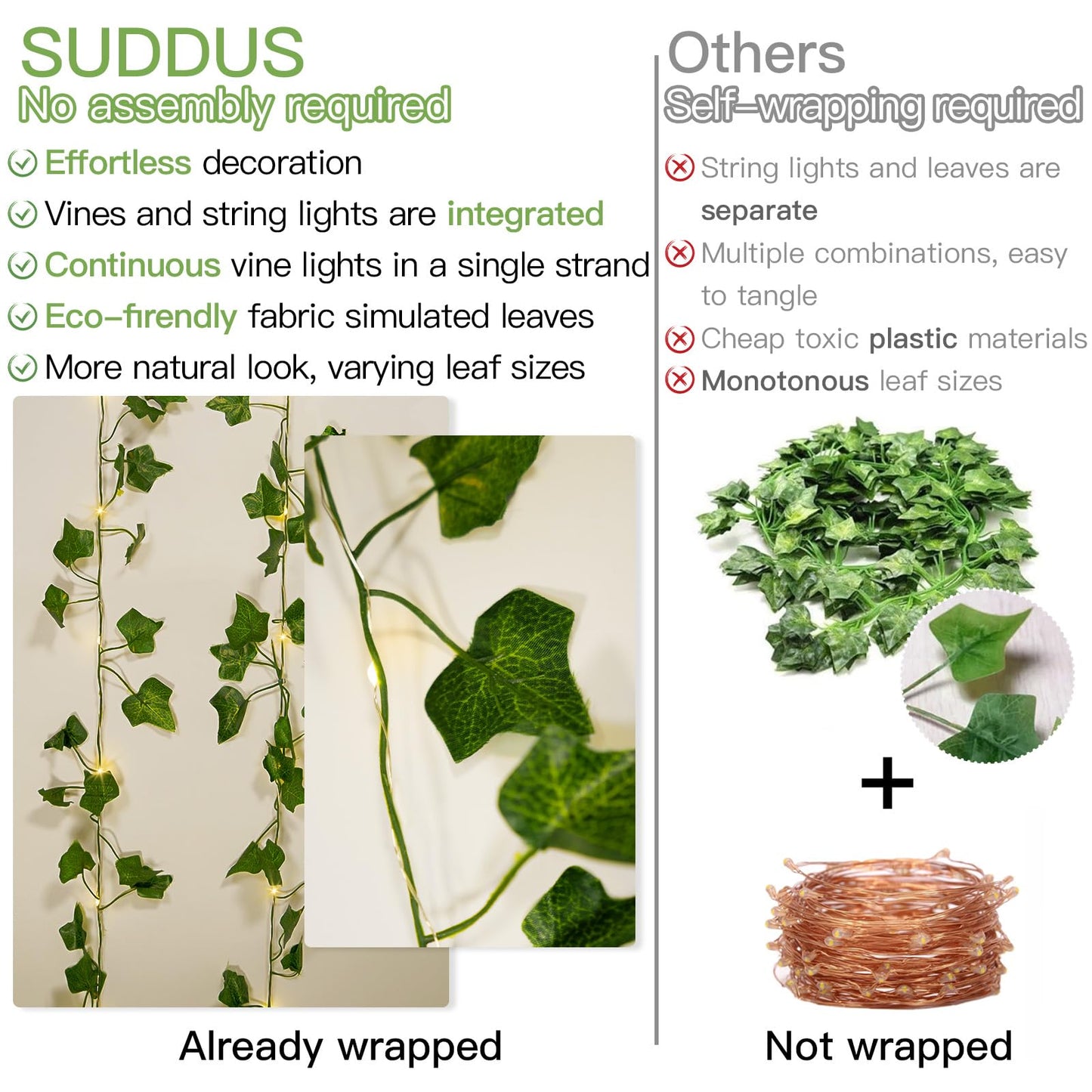 suddus Vine with Fairy Lights Battery Operated, 33ft 100 LED Ivy String Lights with Remote, Leaf Lights for Bedroom, Room, Wall, Garden, Party, Wedding Dorm Decor (Warm White)