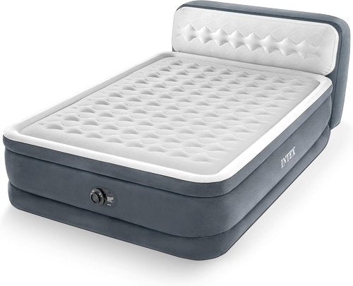 Intex Queen Size Air Mattress - 18in Height Inflatable Bed with Built-in Pump & Headboard | Dura-Beam Deluxe