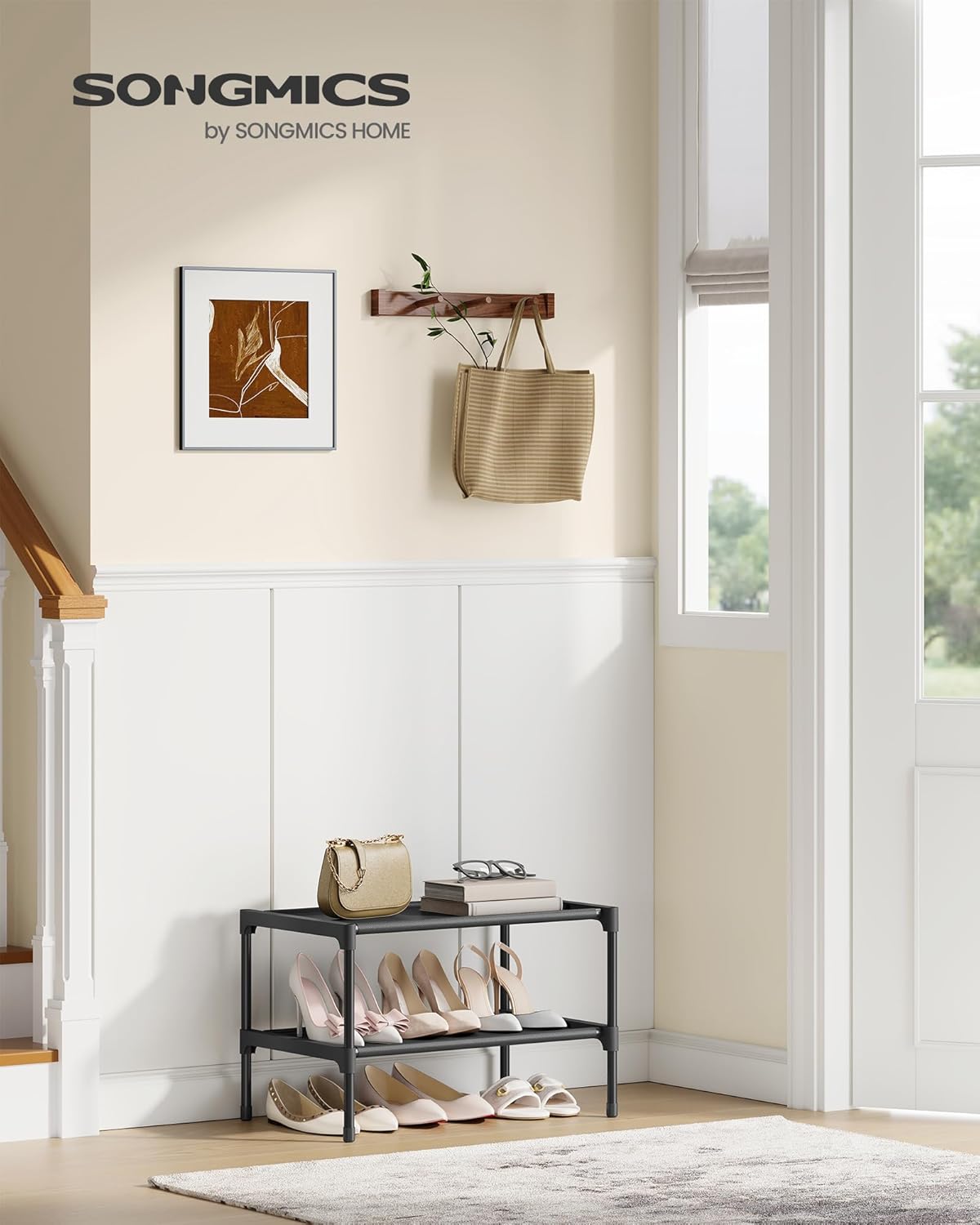 SONGMICS 2-Tier Shoe Rack - Space-Saving Organizer with Metal Frame & Non-Woven Fabric Shelves | Ink Black, 11.7 x 16.5 x 12.2 Inches