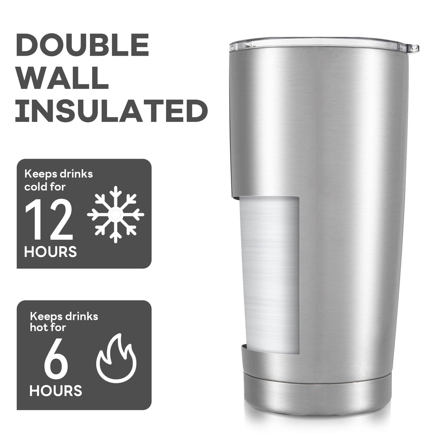 Orebigo 20 oz Tumbler with Lid Stainless Steel Insulated Tumblers Bulk Double Wall Vacuum Cups Powder Coated Travel Mug Keep Drink Cold and Hot, Stainless Steel, 8 Pack