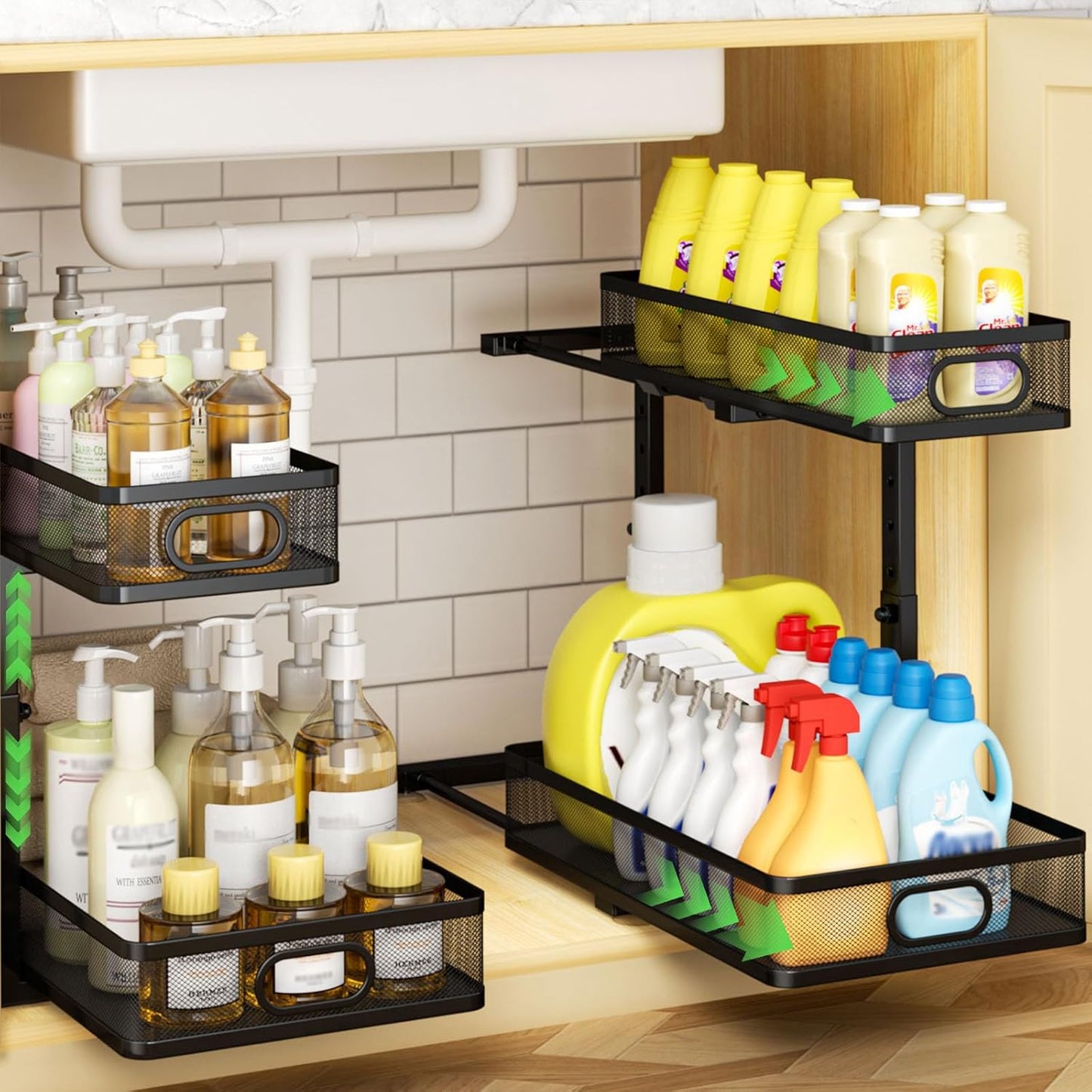 Under Sink Organizer by [Brand Name] - 2-Tier Metal Pull-Out Cabinet Shelf with Adjustable Height | Space-Saving Storage for Kitchen & Bathroom