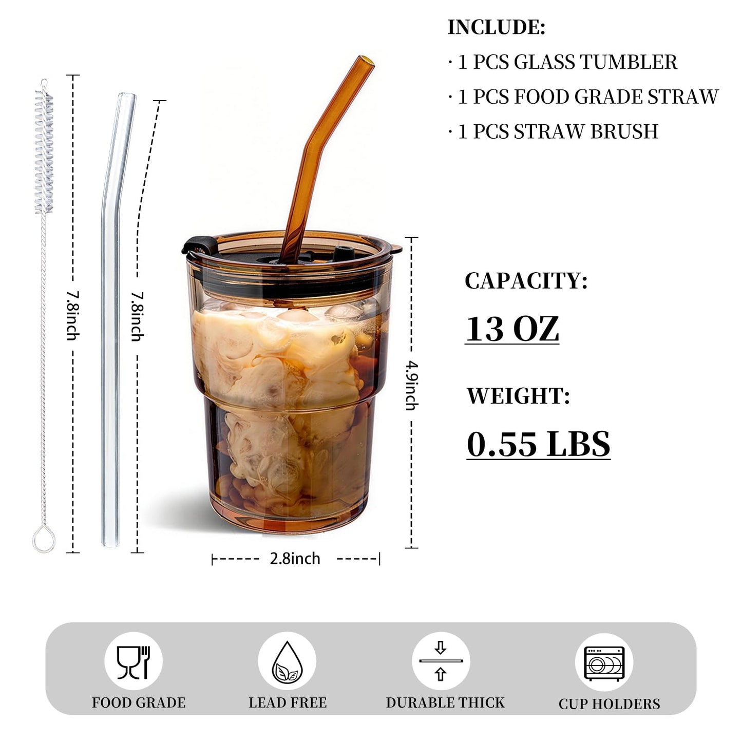 Olvini 13oz Glass Tumbler with Straw and Lid, Reusable Iced Coffee Cup, Thick Glass Cups for Water, Matcha, Iced Tea, Amber