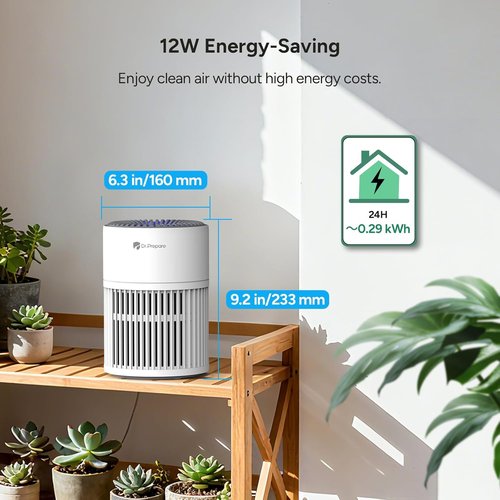 Dr.Prepare Air Purifier - H13 HEPA Filter, 15 dB Sleep Mode, 360° Air Inlet | Covers Up to 1075 ft²