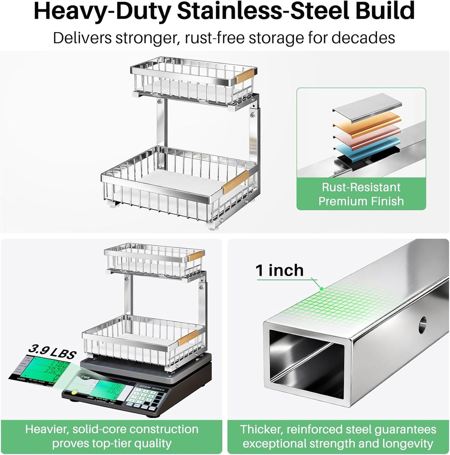 Skiennix Under Sink Organizer - Stainless Steel 2-Tier Storage Rack | Pull-Out Cabinet Shelf for Kitchen & Bathroom