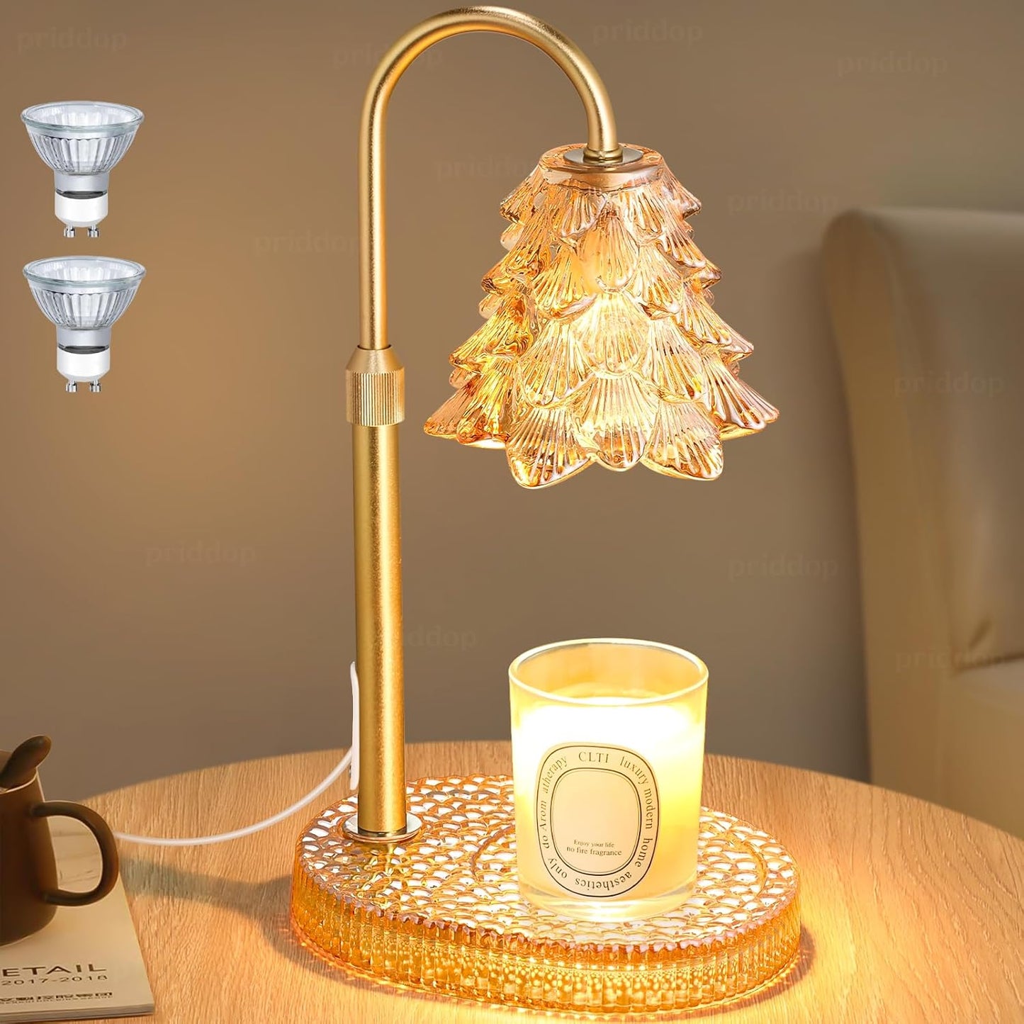 Priddop Candle Warmer Lamp - Dimmable Wax Melt Warmer with Adjustable Height & Timer | Amber Glass Base