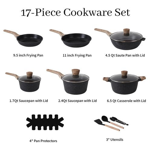 Cuisinluv Pots and Pans Set Non Stick, 17Pcs Kitchen Cookware Sets, Granite Stone Induction Cookware Non Stick Cooking Set w/Frying Pans, Saucepans, Sauté Pan (PFOA Free), Black