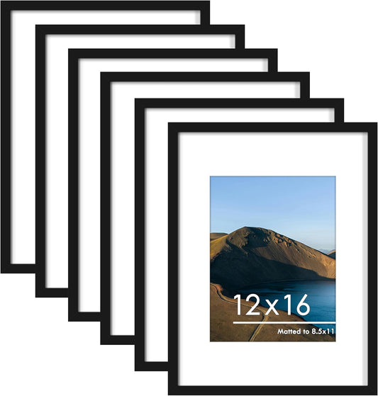 PEALSN 12x16 Picture Frame Set of 6 - Versatile Wall Mounting for 8.5x11 or 12x16 Photos - Black