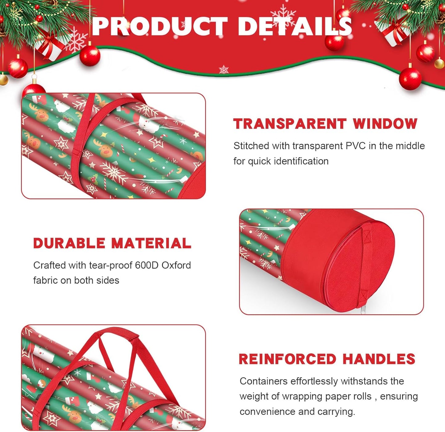 Skiennix Christmas Gift Wrapping Paper Organizer - Durable 600D Oxford Fabric | Holds 18-25 Rolls, 40 Inch, Red