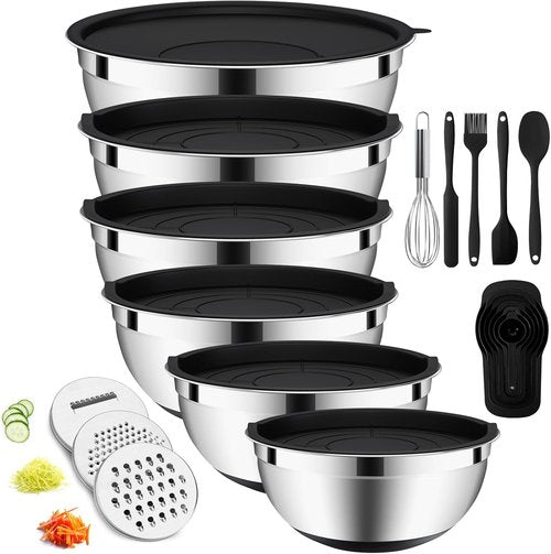 20-Piece Stainless Steel Mixing Bowls Set by [Brand Name] - Airtight Lids, Non-Slip Silicone Bottoms | Perfect for Baking & Serving