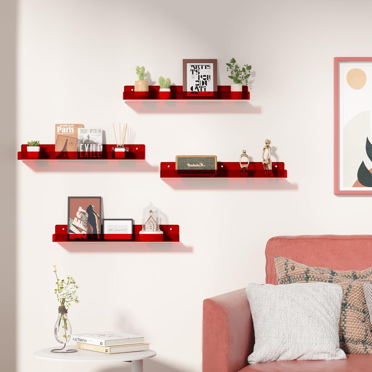 Upsimples Acrylic Wall Shelves - 15" Clear Floating Display Shelf Set for Perfume & Books | 4 Pack