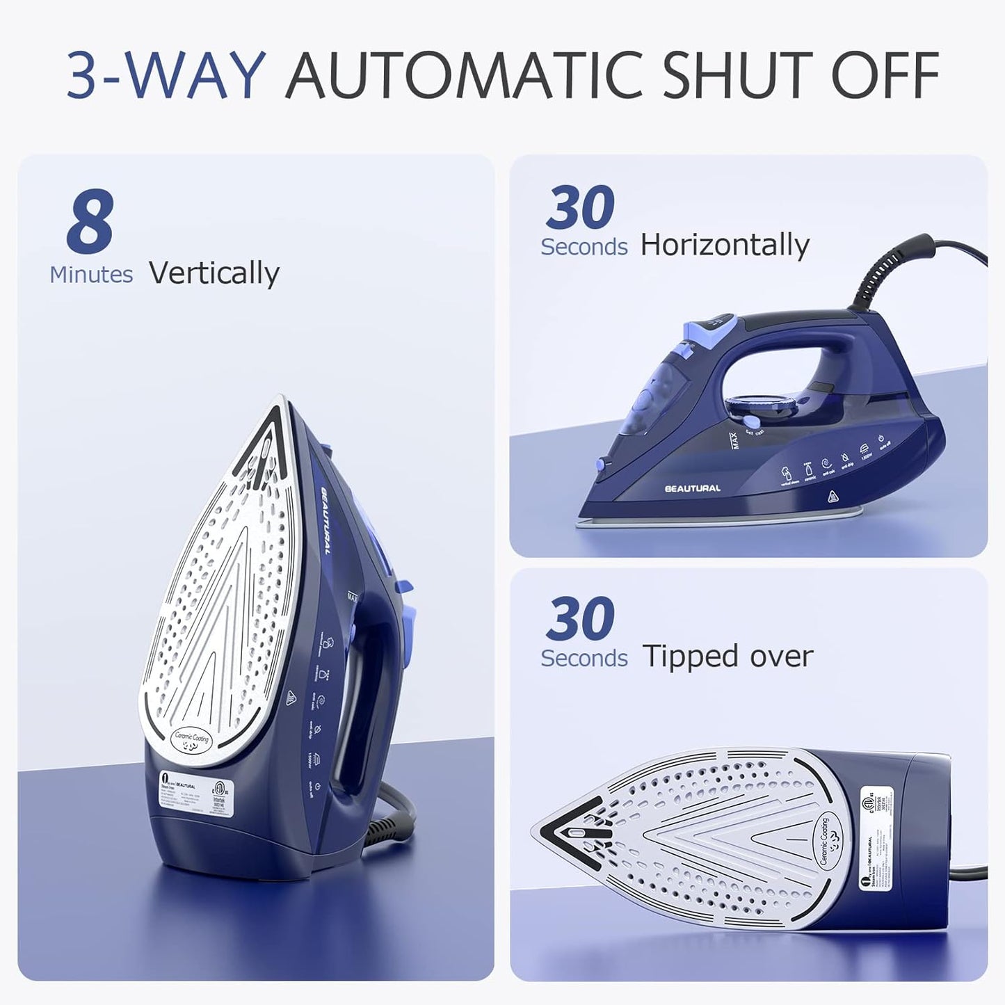 Beautural Steam Iron - Precision Thermostat Dial, Ceramic Soleplate, 3-Way Auto-Off, Self-Cleaning | Blue