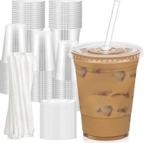 Dealusy 16 oz Clear Plastic Cups - 100 Pack with Lids & Straws | Sturdy, Food Safe Iced Coffee & Smoothie Cups