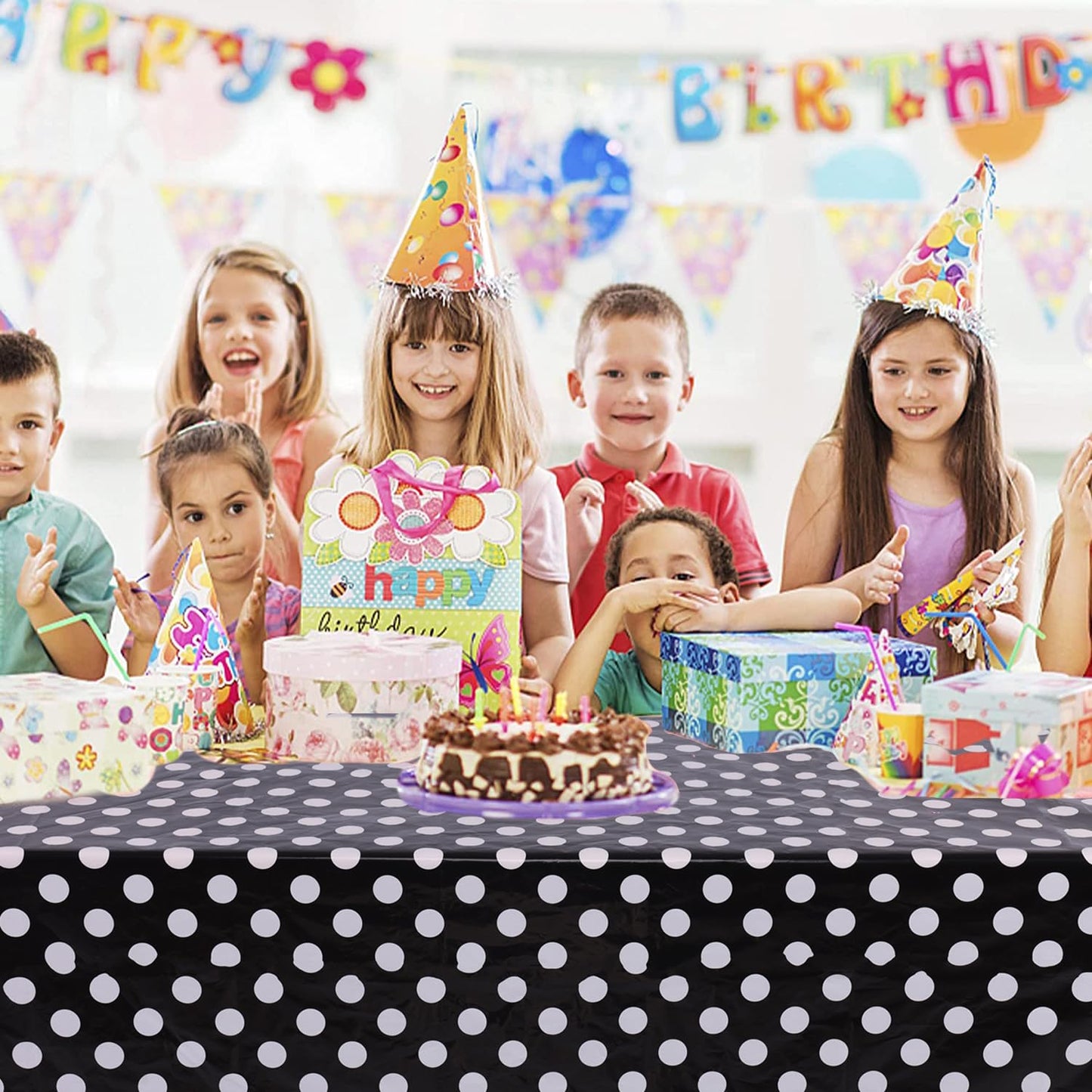 Kesfey 5 Packs Black and White Dots Table Cloth 54x108 Inch Black Polka Dot Mini Mouse Plastic Table Cloth Disposable Black Waterproof Picnic Table Covers for Rectangle Tables Halloween Birthday Party