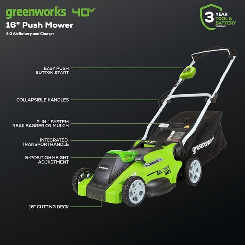 Greenworks 40V Cordless Lawn Mower - 16" Push Button Start, 4.0Ah Battery, Ideal for 1/3 Acre