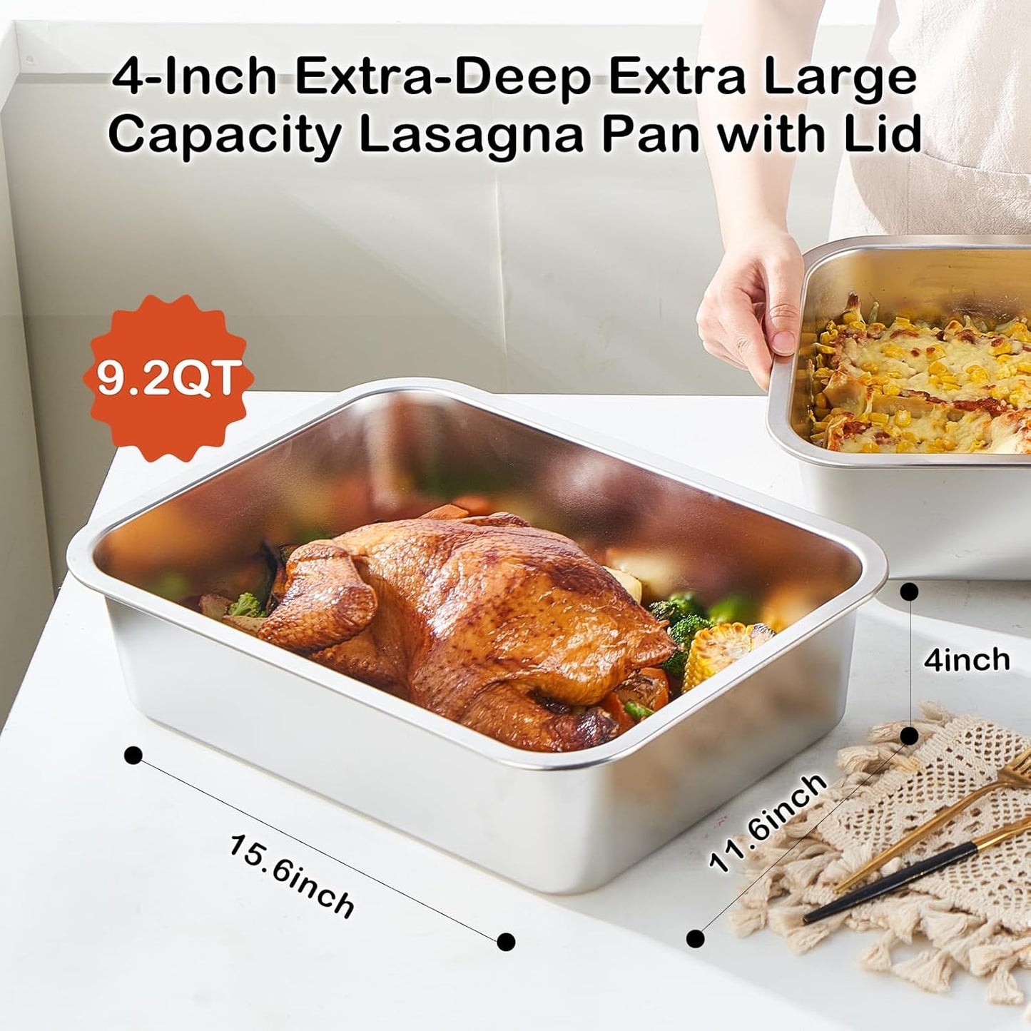 Skiennix 4-Piece Extra Deep Lasagna Pan Set - 11.6x15.6 Inch Nonstick Stainless Steel | 9.2QT Capacity