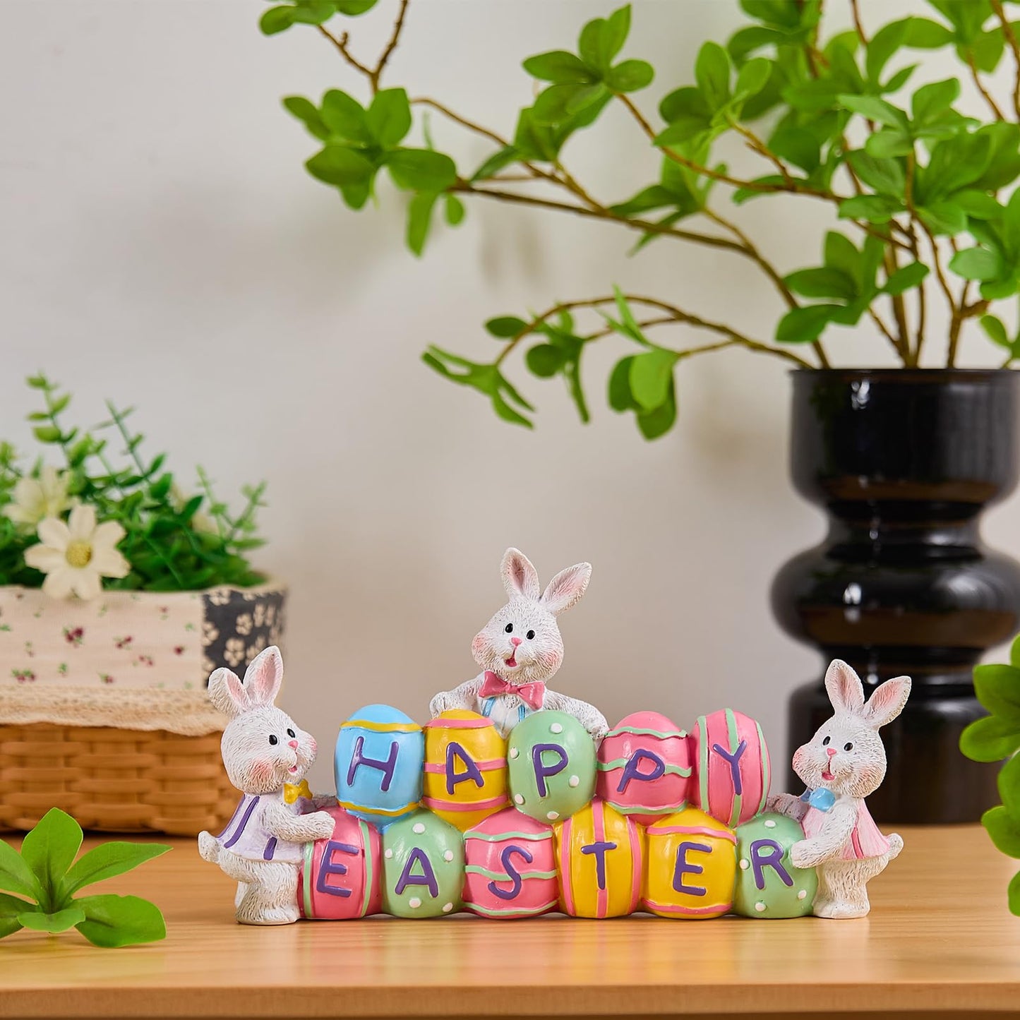 yumhum 3 Bunny Holding Eggs and Happy Easter Decorations, Resin Easter Bunny Rabbits Figurine Tabletop Centerpiece for Spring Decor Easter Home Office Party Decor