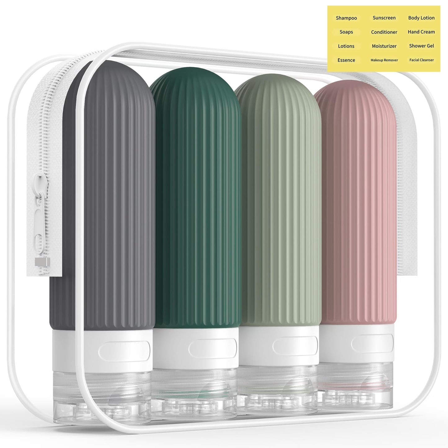 ME.FAN Travel Bottles for Toiletries, TSA Approved 3oz Silicone Journey Size Containers, Portable Split Bottle for Conditioner, Shampoo, Lotion- 4 Pack Morandi