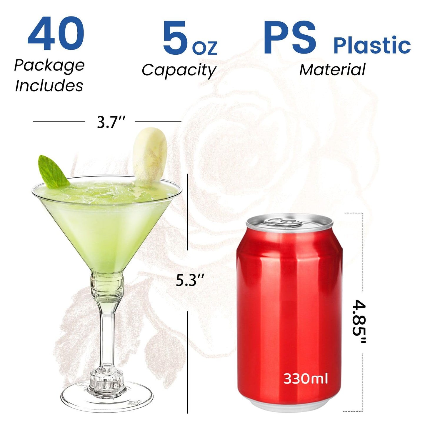 CALBODE 40 Pack Plastic Martini Glasses 5 Oz Disposable Cocktail Glasses, Tall Mini Martini Cups, Plastic Margarita Glasses Perfect for Spring Party Birthday Wedding Easter and All Events