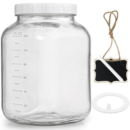 Folinstall 1 Gallon Glass Storage Jar with Lid, Large Mason Jar Wide Mouth with Airtight Lid and Silicone Gasket - Cookie Jar with 2 Scale Mark (Extra Tag and Marker Pen)