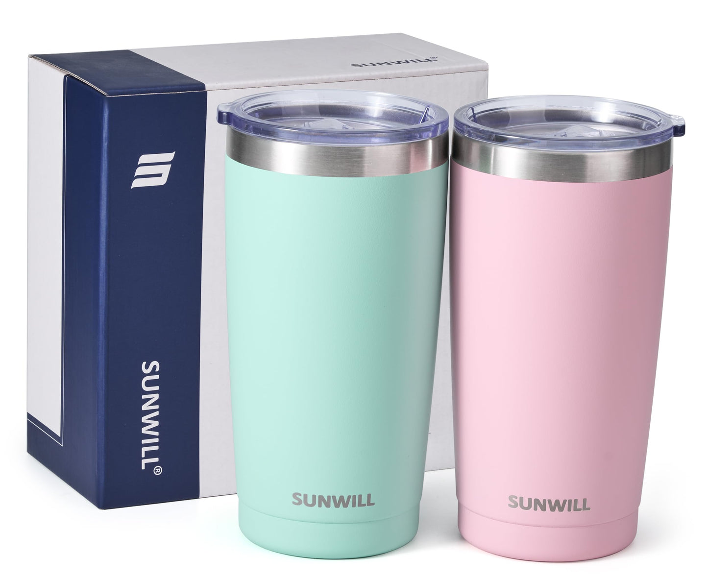 SUNWILL Travel Coffee Mug with Lid, 20 oz Tumbler Set of 2, Insulated Stainless Steel Cup for Water, Tea, Powder Coated Sakura & Mint
