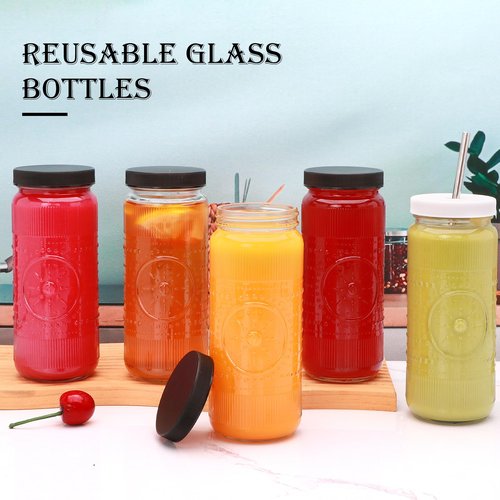 Encheng 12 Pack 16oz Glass Juice Bottles,Reusable Juicing Bottles with Lids and Straws,Embossed Juice Containers Kombucha Bottle Smoothies Jars for Water, Iced Coffee,Party,Travel