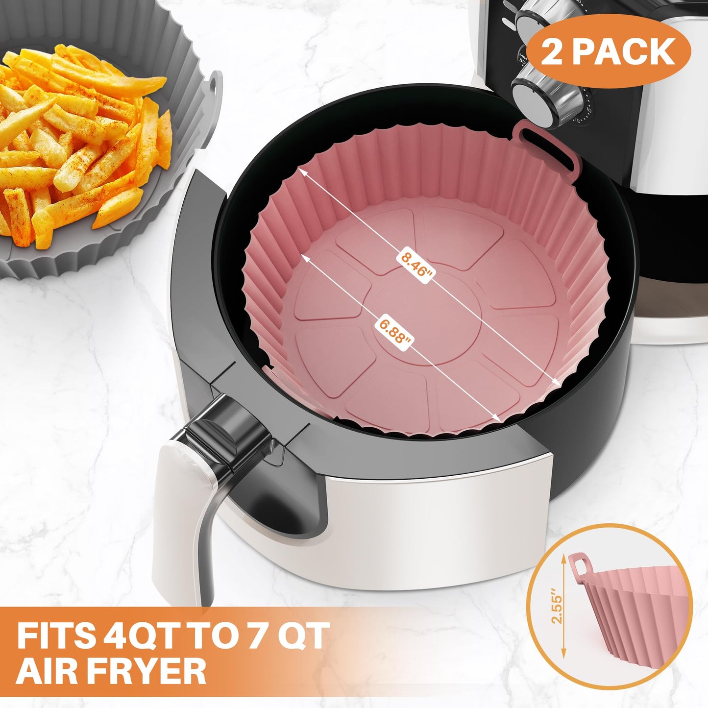 ME.FAN Air Fryer Silicone Liners for 4 to 7 QT [2 Pack] Reusable Air Fryer Basket with Handles & Holes Light Grey