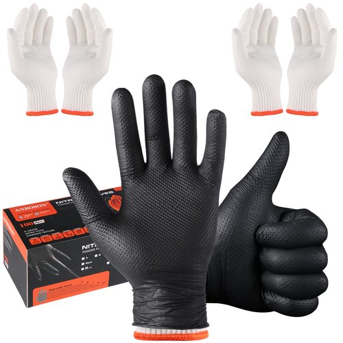 ANBOSON BBQ Gloves - Disposable Heat Resistant Grilling Gloves with 4 Reusable Cotton Liners | 100 Nitrile Gloves, 10Mil Thick, Non-Slip Grip, Black Large