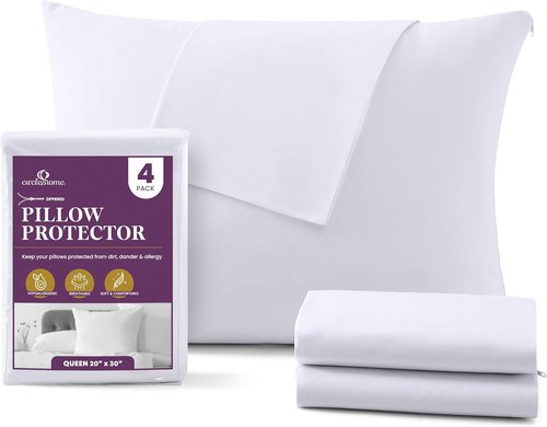 CirclesHome Pillow Protectors - 100% Cotton Zippered Pillowcases | Breathable & Dirt-Resistant (Queen, Set of 4)