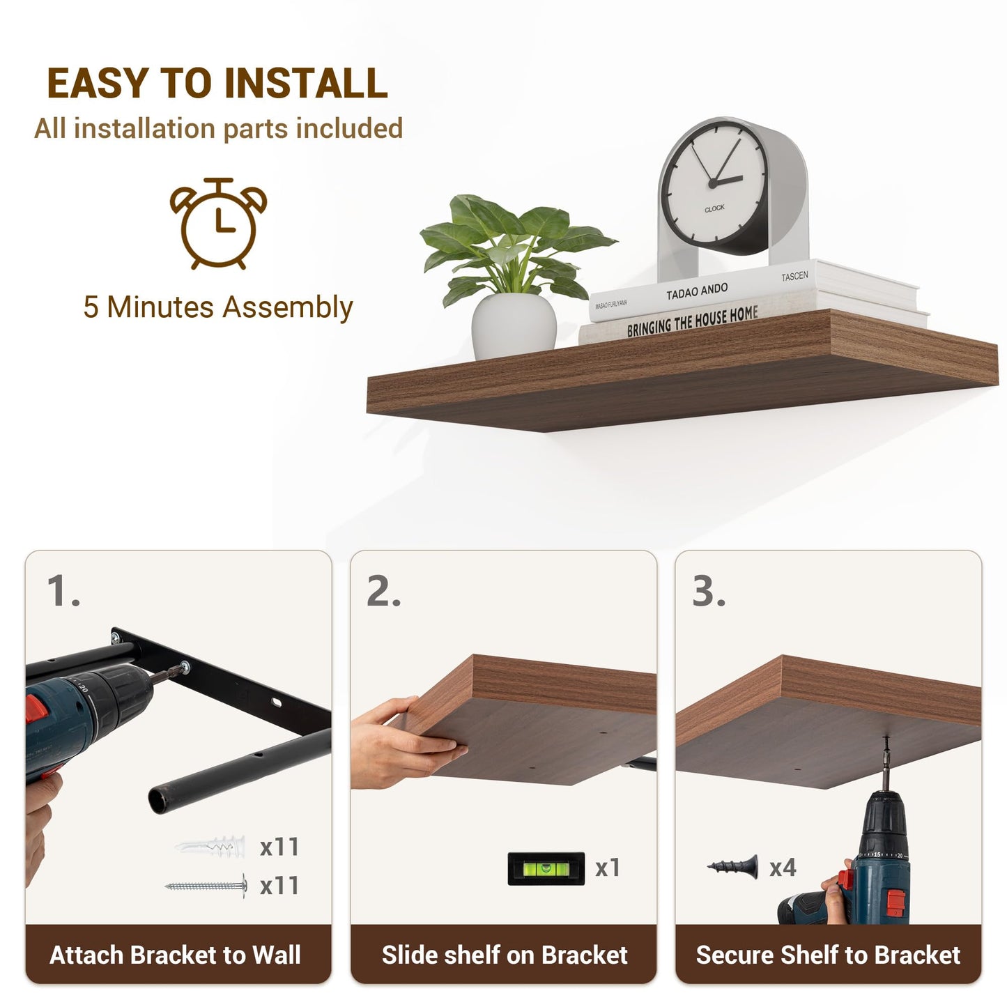 Acovy 24 Inch Floating Shelves, 24"x9.25"x1.5" Inch Deep Floating Shelves for Wall, Wooden Shelves for Bathroom, Bedroom, Living Room, Walnut, 2 Pieces