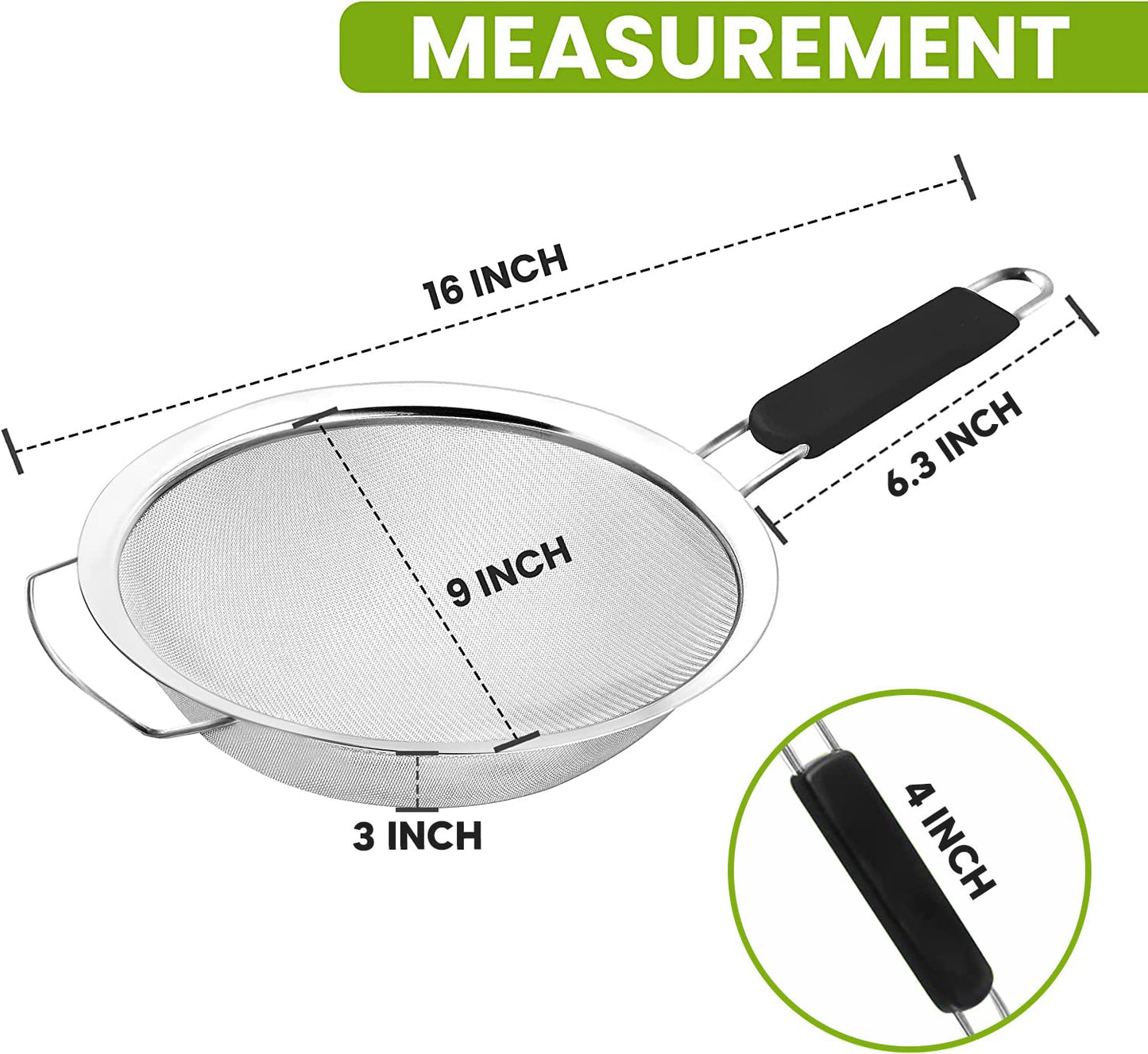 Kafoor 9" Large Fine Mesh Strainer with Thermo Plastic Rubber Handle - Sieve Fine Mesh Stainless Steel - Ideal Kitchen Essential to Strain Pasta, Quinoa and Rice