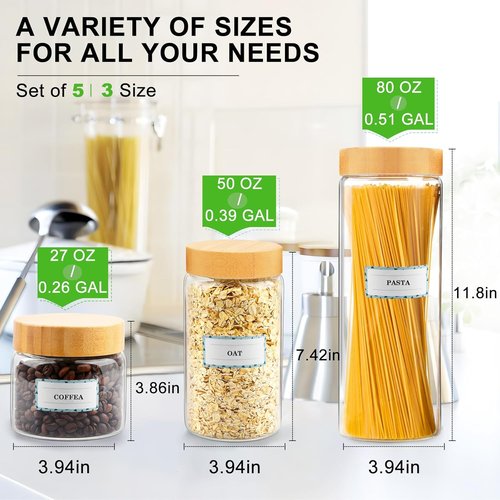 AISIPRIN Airtight Glass Storage Jars - 5-Piece Set with Bamboo Lids for Cookies, Pasta & Cereal | 80oz, 50oz, 27oz