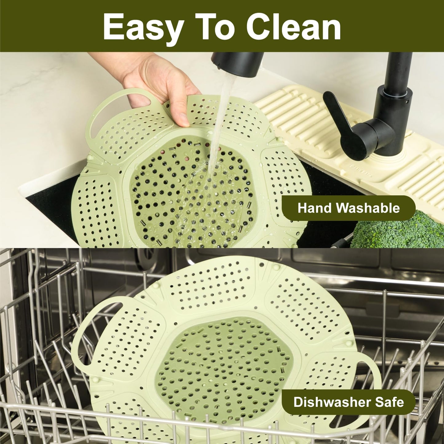Large Collapsible Silicone Steamer Basket, Folding Silicone Vegetable Steamer Basket With Handles, BPA Free, Expandable for Pot, Non Slip Feet, Compact Storage, Dishwasher Safe