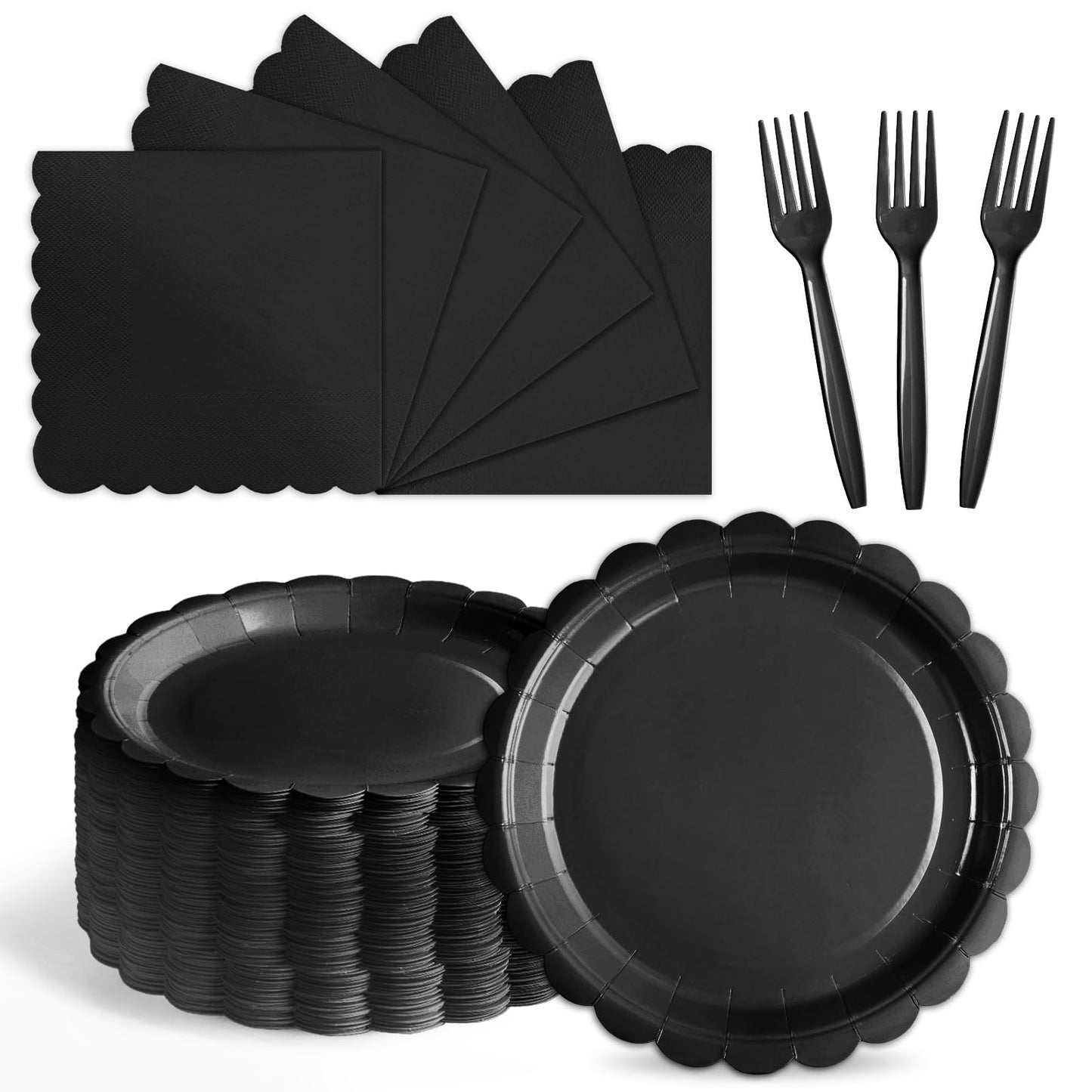 Tyzarglef 105PCS Paper Plates and Napkins Set,7 Inch Scalloped Disposable Tableware with Forks for Birthdays, Garden Parties & Outdoor Events,Serves 35 (Black)