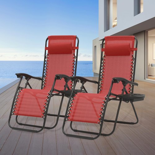 Athena Collection Zero Gravity Lounge Chairs - Set of 2 with Cup Holder | Dark Red Outdoor Recliners