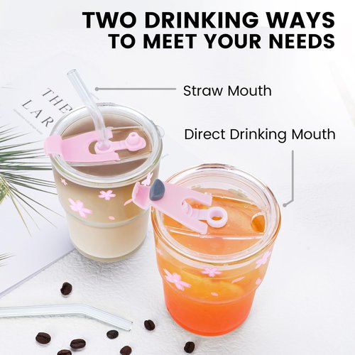 Colnic Iced Coffee Cup, 15Oz/450ml Glass Cups With Lids And Straws, Iced Coffee Glasses Tumbler, Thick Wall Mug For Tea Water With Glass Straw, Coffee Cute Tumbler Gifts (Pink)