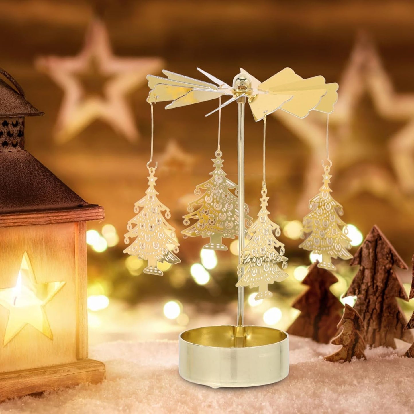 Zerodeko 3pcs Rotary Candle Holder Set - Christmas Tree, Snowflake & Reindeer Design | Metal Spinning Windmill Tea Light Holders for Festive Home Decor