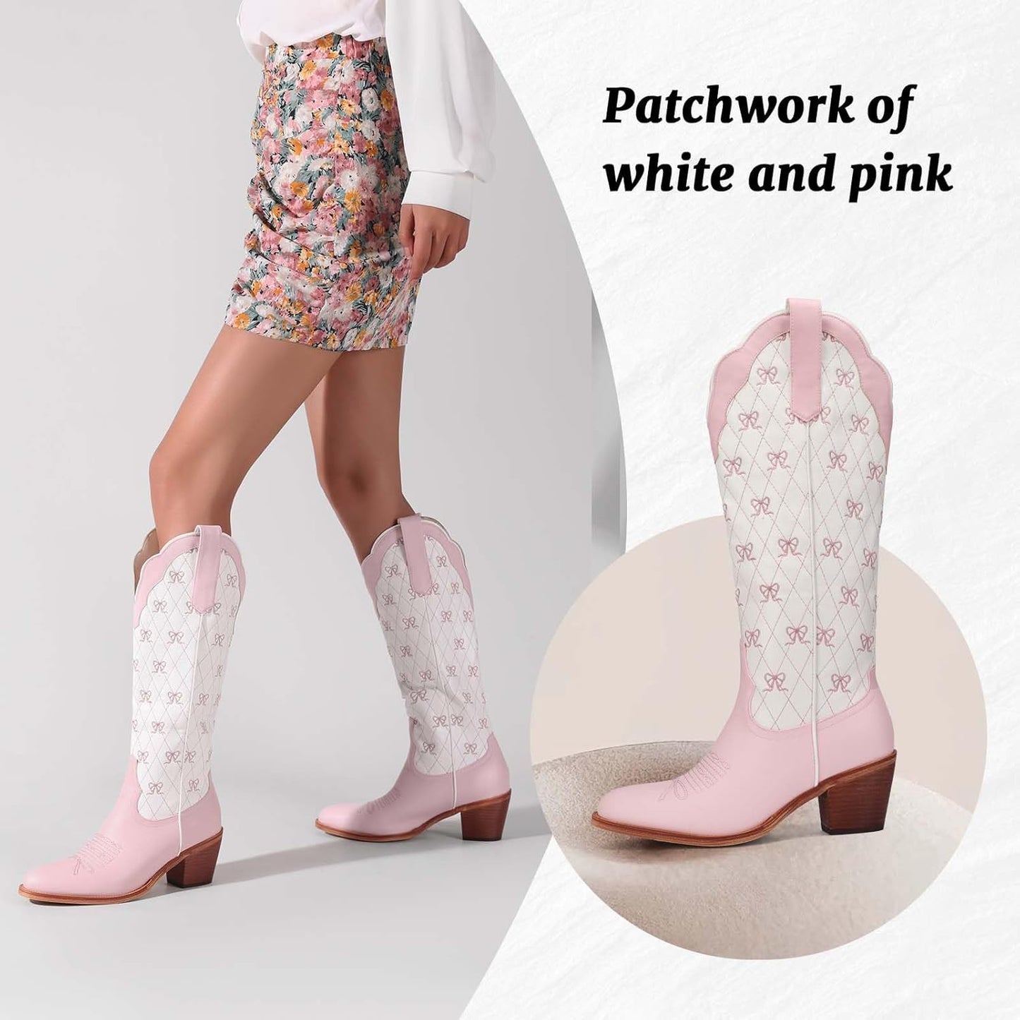 Skiennix Cowboy Boots - Embroidered Knee High Cowgirl Boots with Chunky Heel & Pearl Detail | Perfect for Dressy Parties