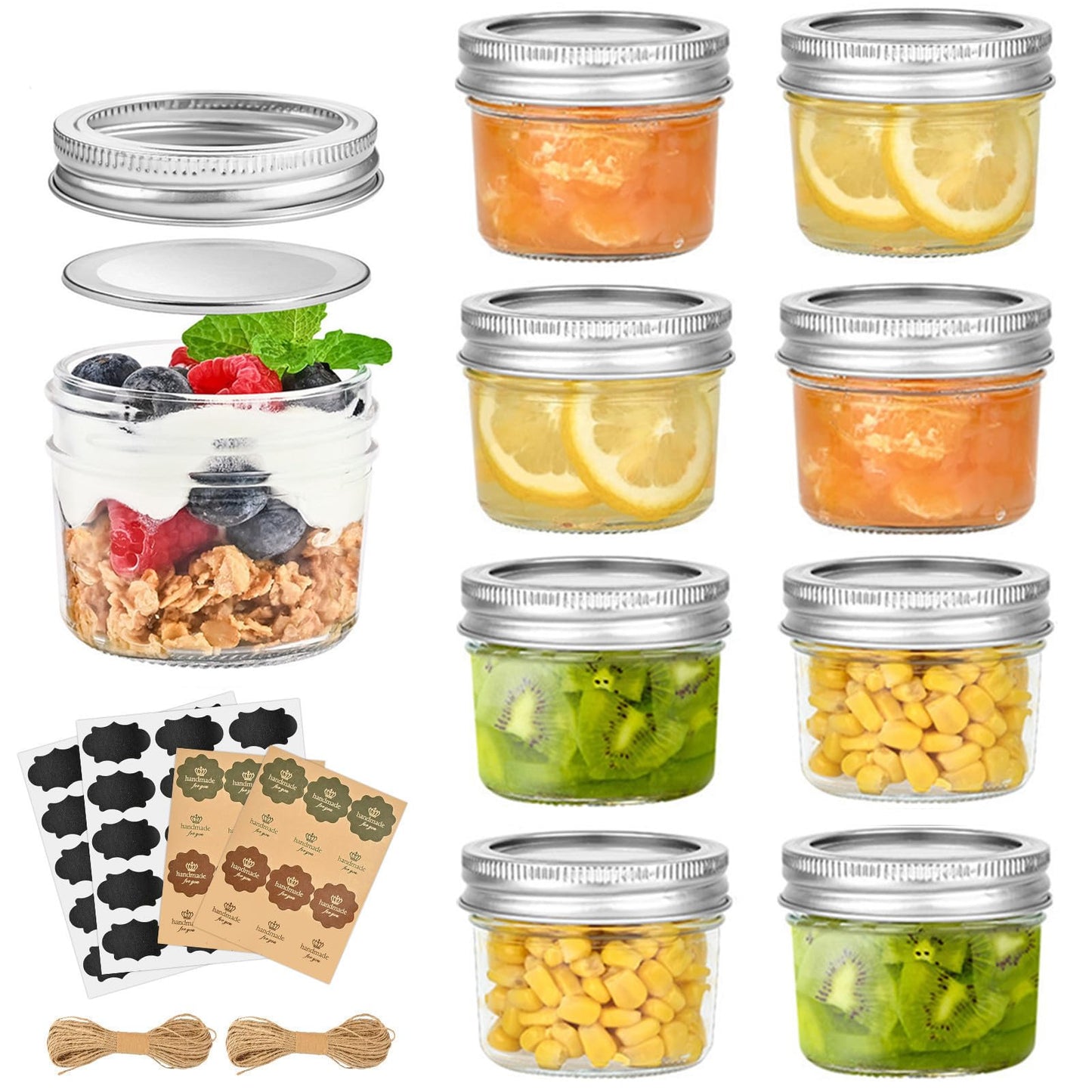 TUZAZO 4 oz Mini Mason Jars with Lids 8 Pack, 4oz Small Glass Mason Canning Jars for Jam Jelly Yogurt Dessert, Shower Wedding Favors Decor