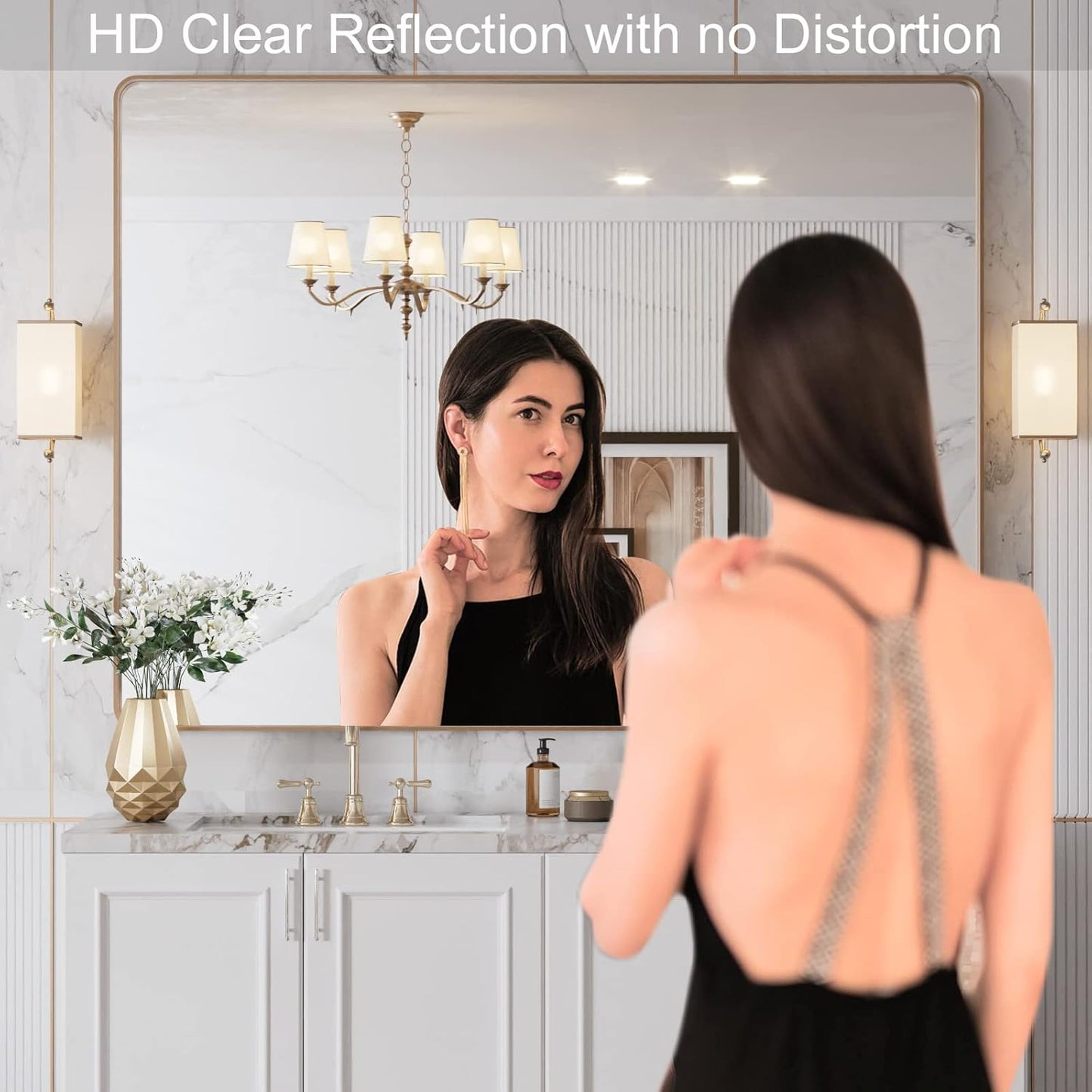 LOAAO Gold Bathroom Mirror - 48”X36” Rounded Rectangle Design | Anti-Rust Tempered Glass, Wall-Mounted
