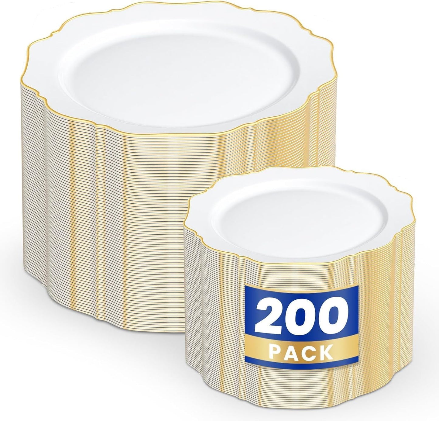 WDF 200PCS White and Gold Plastic Plates - Gold Plastic Plates - Include 100 Dinner & 100 Dessert Disposable Party Plate - Fancy Disposable Plate for Wedding/Baby Shower/Spring
