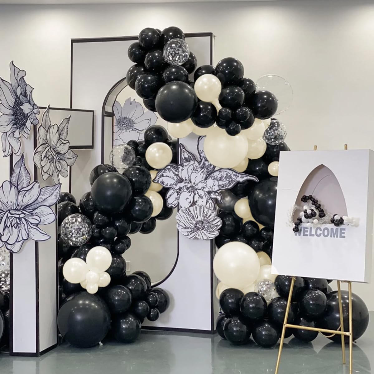 MOXMAY White Sand Black Balloons Arch Kit, 151Pcs Black Cream White and Bobo Balloons Garland 18 12 10 5 inch for Birthday Wedding Bridal Shower Bachelorette Anniversary Party Decorations