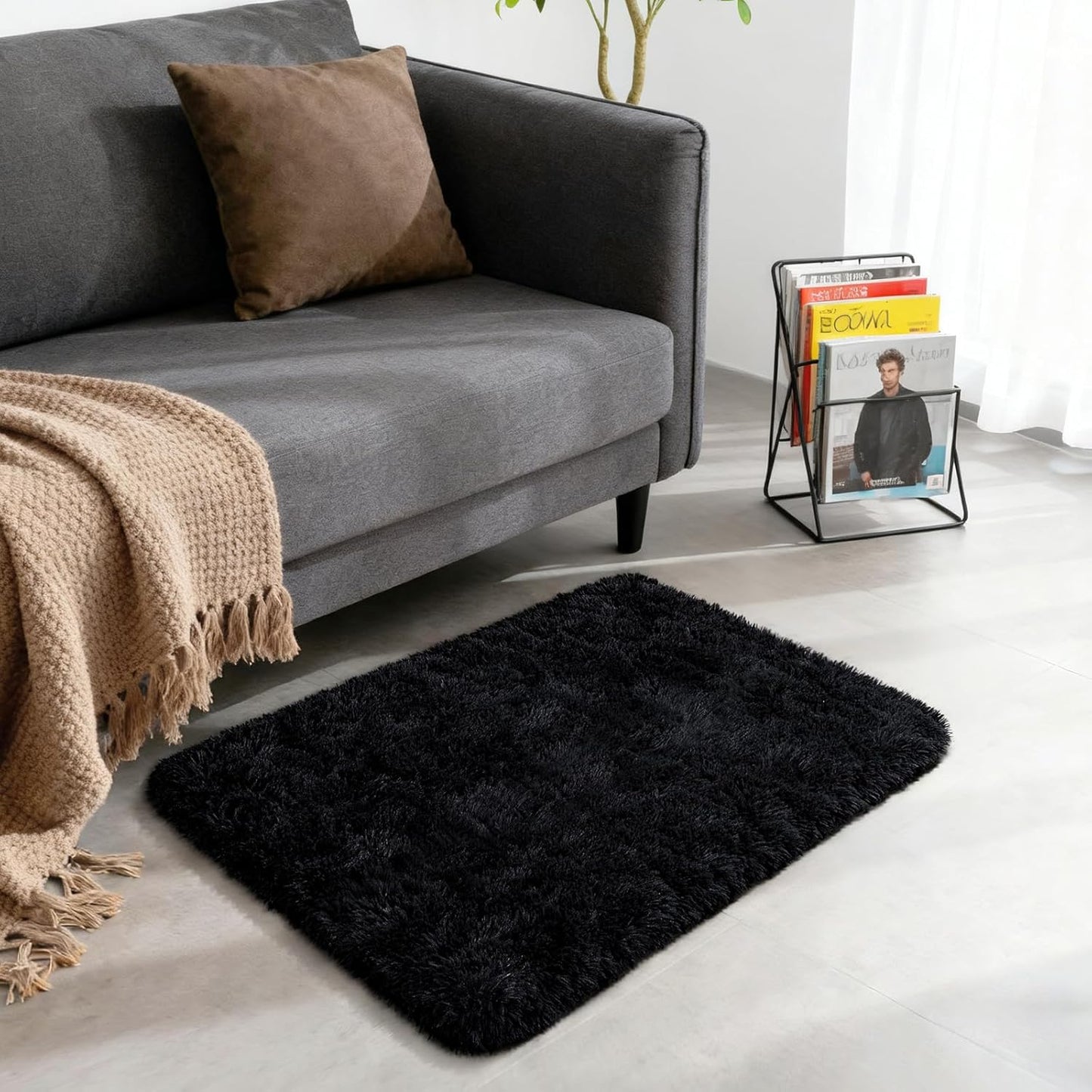 Merelax Soft Shaggy Area Rug - Non-Slip Plush Fluffy Carpet for Bedroom & Living Room | 2x3 Feet, Black