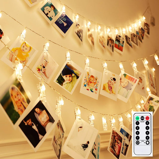 50 LED Dimmable Battery-Powered Photo String Lights with Remote - Warm White for Pictures & Cards