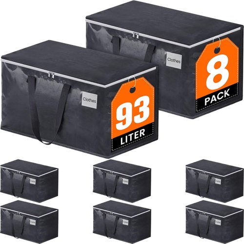 Fabspace Heavy-Duty Moving Boxes - Collapsible Storage Totes with Strong Zippers & Handles | 93L, 8-Pack