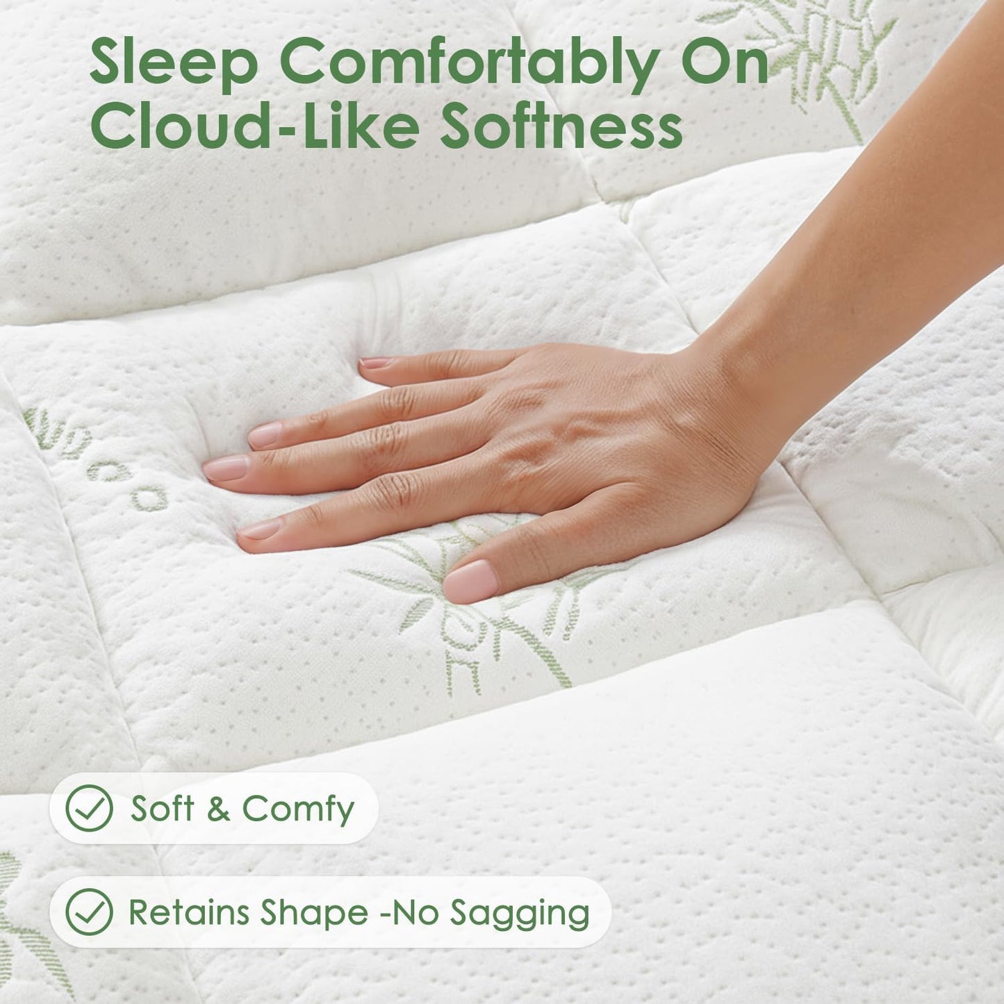 Skiennix Queen Mattress Topper - Cooling Bamboo Viscose Pillow Top Pad for Deep Pocket Mattresses, Green