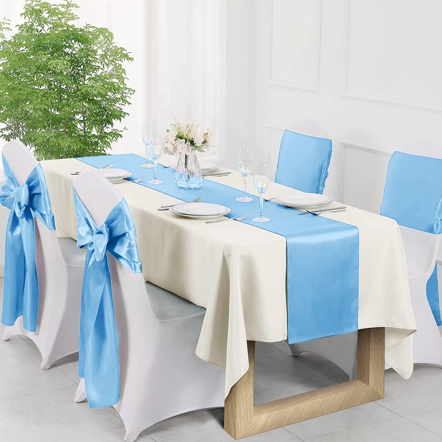 Light Blue Satin Chair Sashes 10-Pack - 7x108 Inch Adjustable Wedding & Party Bows