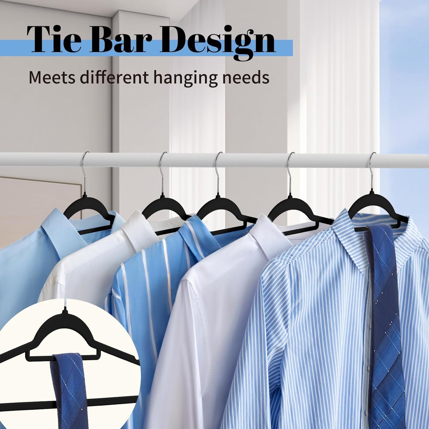 Smartor Black Velvet Hangers - 20 Pack Non-Slip Space-Saving Clothes Hangers with Tie Bar & Shoulder Notches