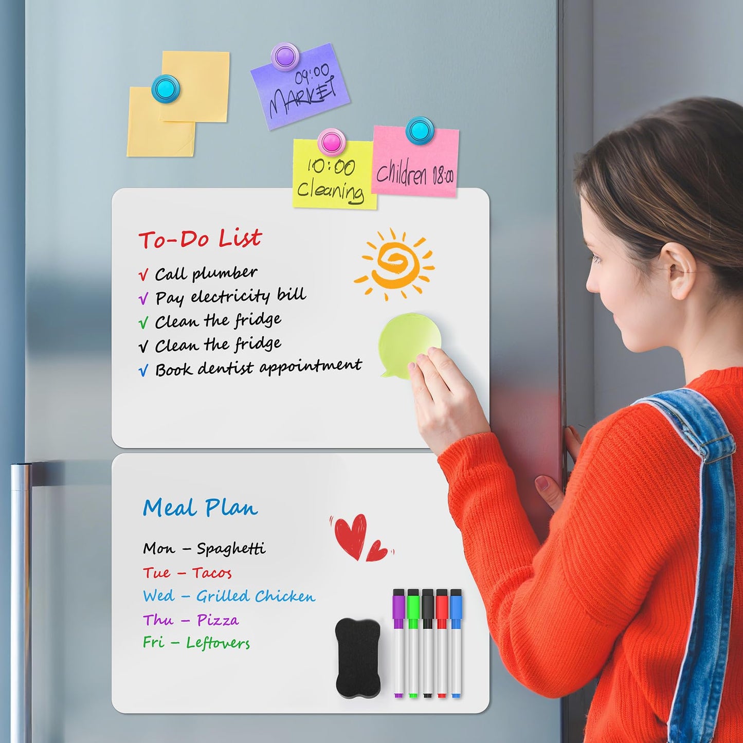 MaxGear 5 Pack Magnetic Whiteboard Sheets for Fridge, 12"x 8" Small Refrigerator Dry Erase Board for Kitchen Organizer and Planner, Smooth and Reusable, Includes 5 Markers, 5 Magnets and 1 Eraser